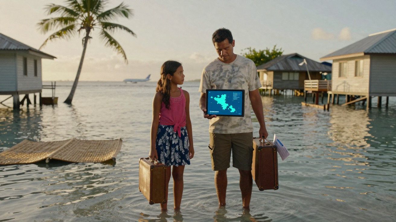 Man and girl standing in ankle-deep water near stilt houses, holding suitcases and a tablet showing a map.