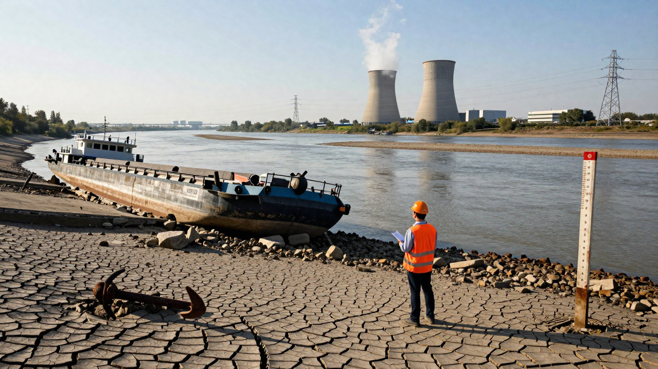A worker in safety gear assesses a grounded barge on a cracked, dry riverbed with cooling towers in the background.