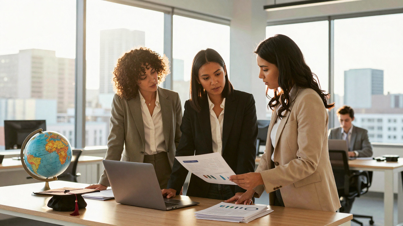 Three businesswomen reviewing documents together in a modern office with large windows and city views.