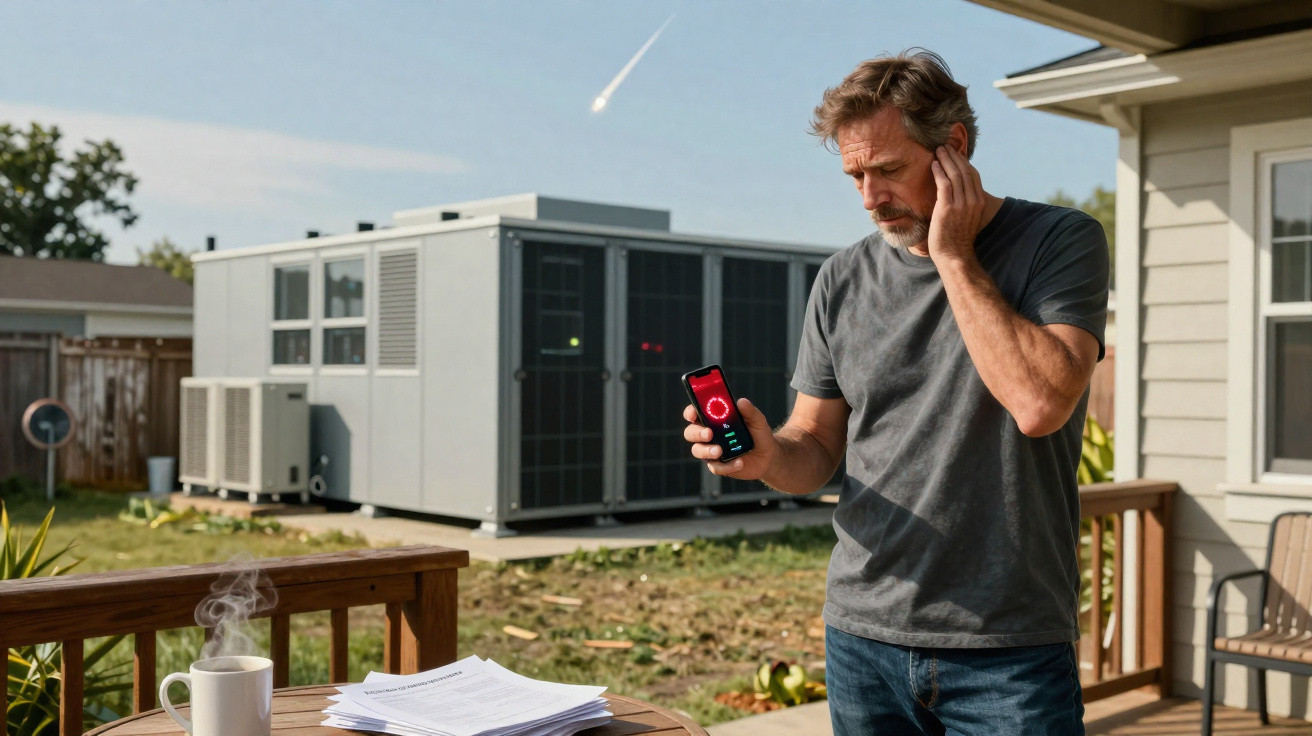 Man outside a house holding a phone with warning on screen, looking confused near a steaming coffee cup and papers.