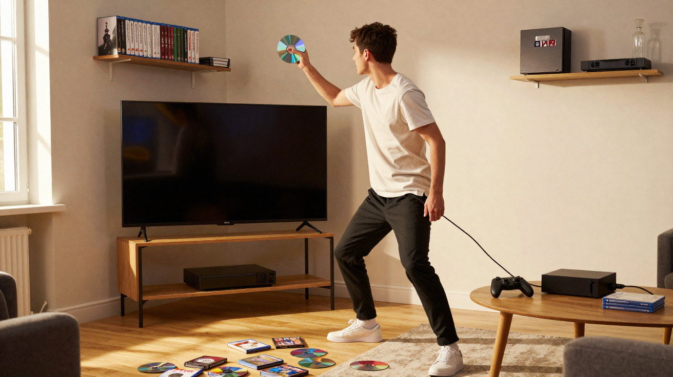 Young man holding a disc preparing to insert it into a console in a living room with a TV and scattered discs on the floor.