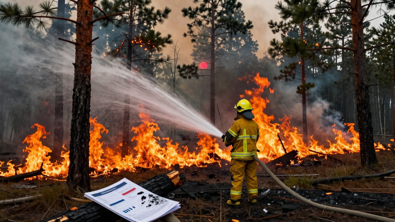 Firefighter in yellow gear spraying water on a forest wildfire with smoke and flames among tall pine trees.