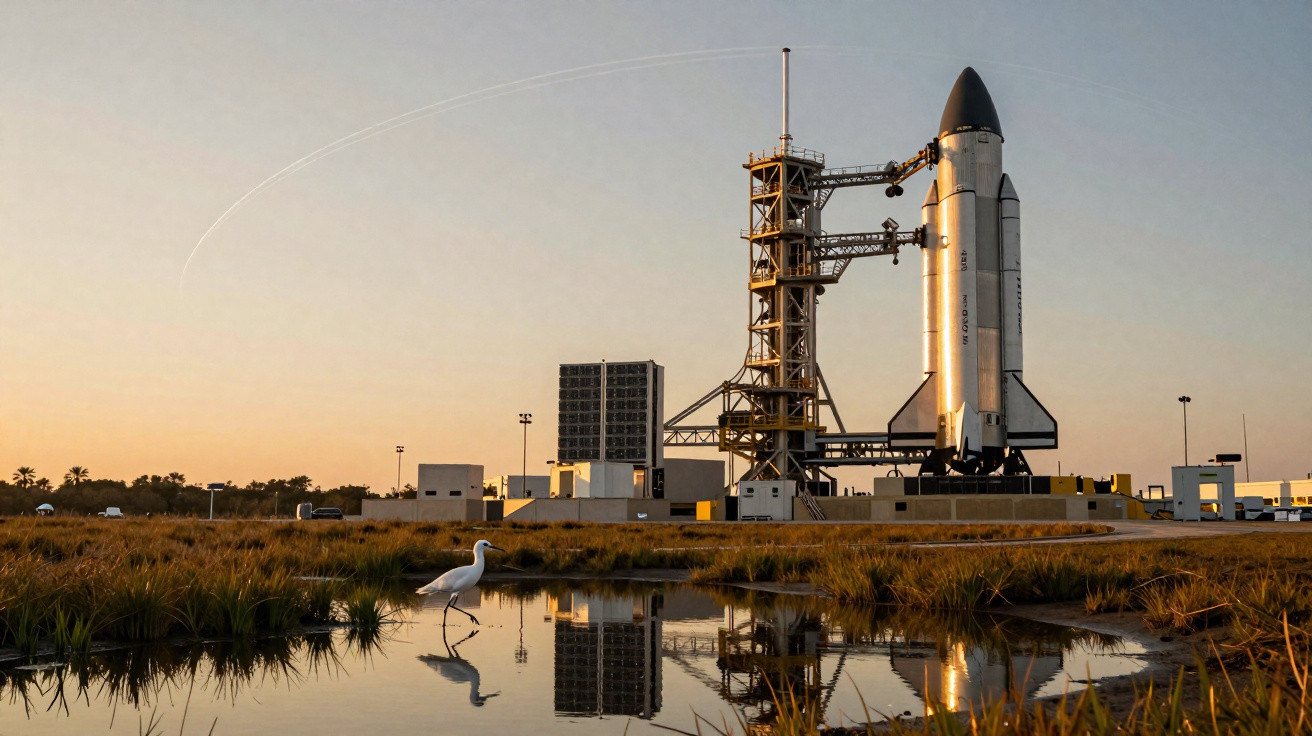 Space Shuttle on launch pad at sunset with reflection in water and a white bird in foreground.