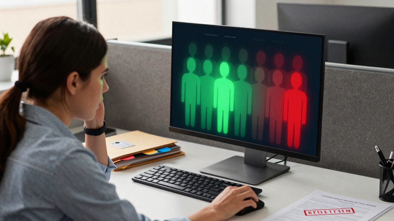 Woman sitting at desk analysing colourful human icons on computer screen in modern office environment