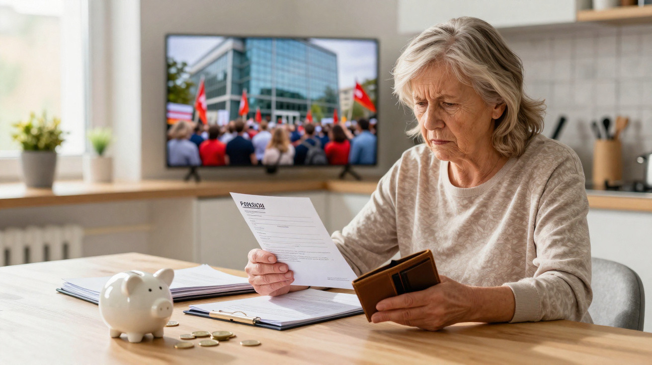 Elderly woman reviewing bills at kitchen table with piggy bank and coins, news of protest on TV in background.