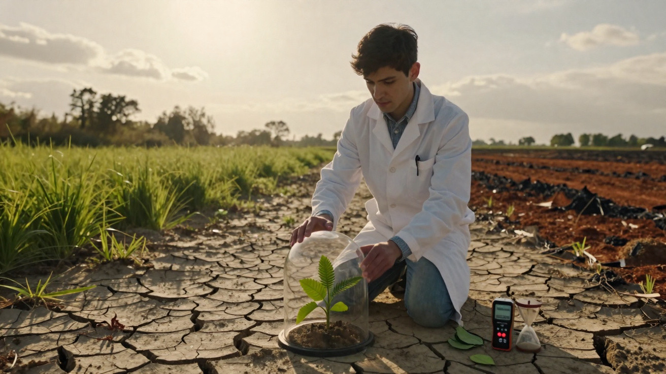 Scientist in white lab coat protects a small plant under a glass dome on cracked dry soil in field.