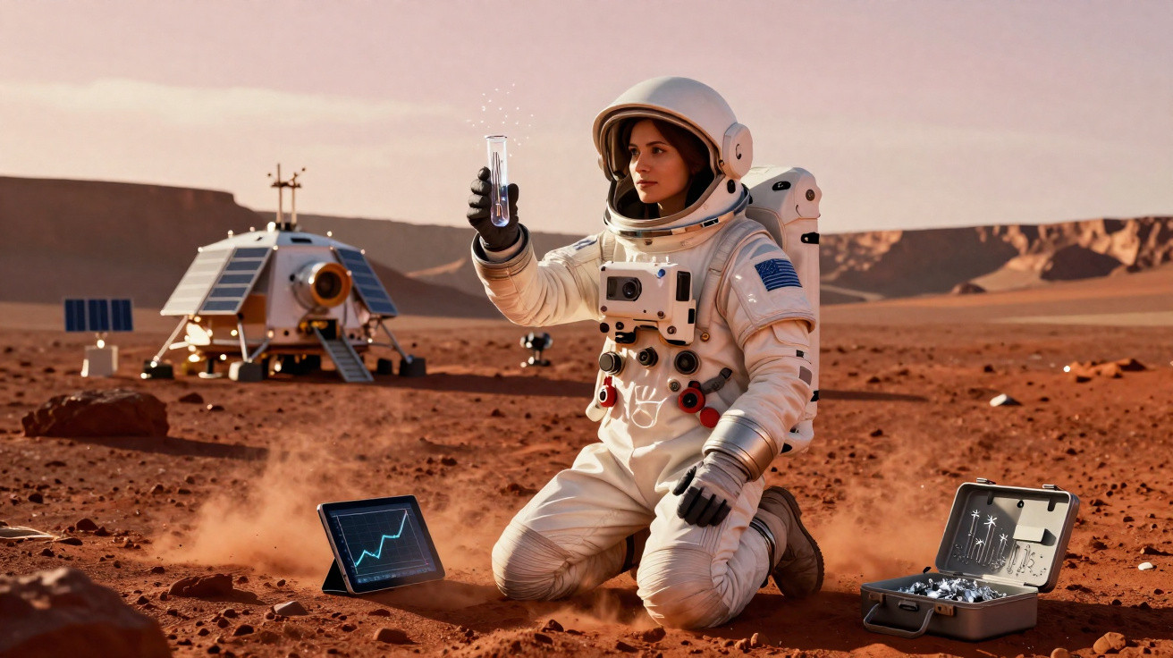 Astronaut kneeling on Mars holding a test tube, with rover, tablet, and equipment case nearby.