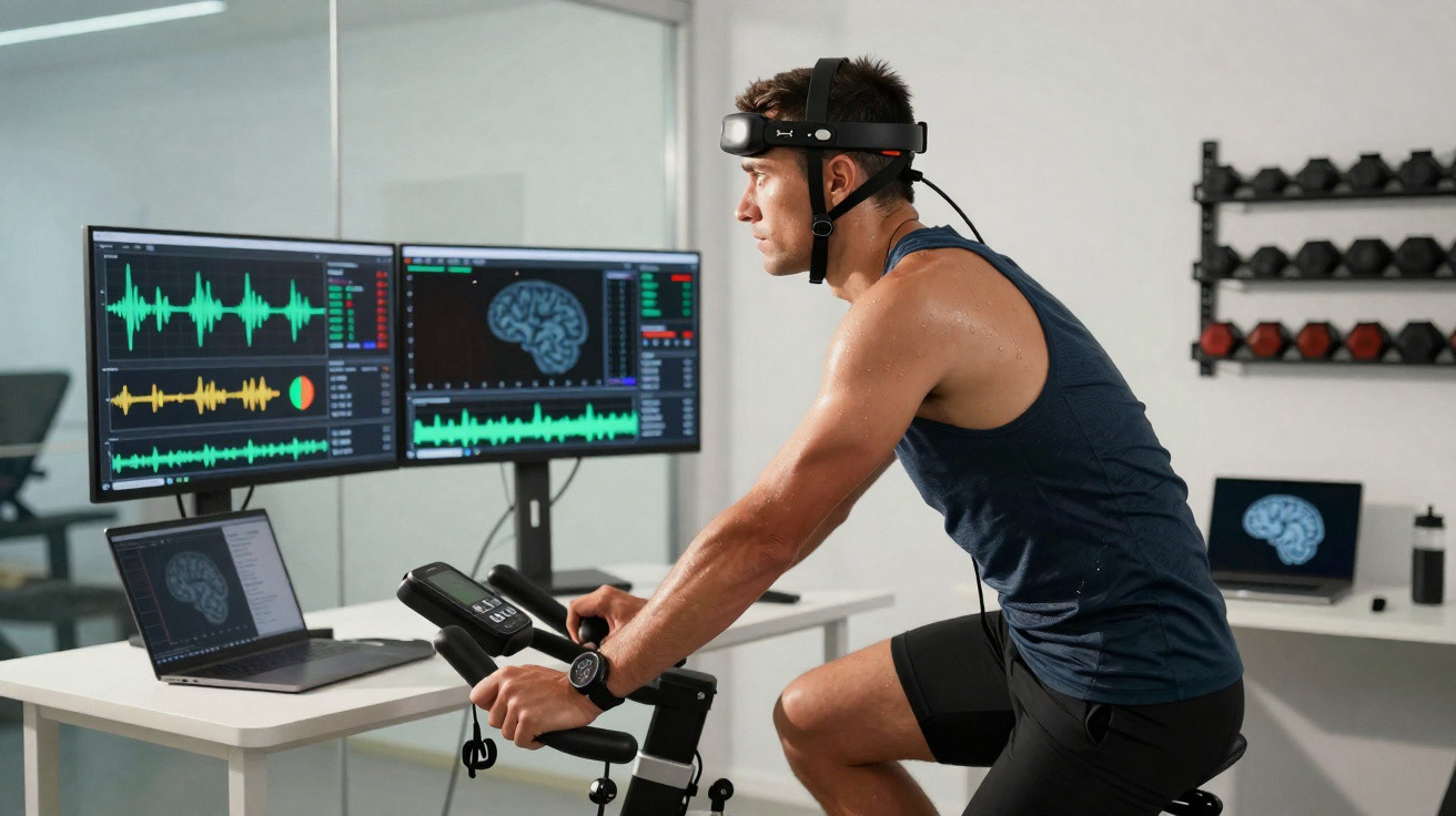 Man wearing brain-monitoring headset cycling on stationary bike while analysing brain activity on screens.