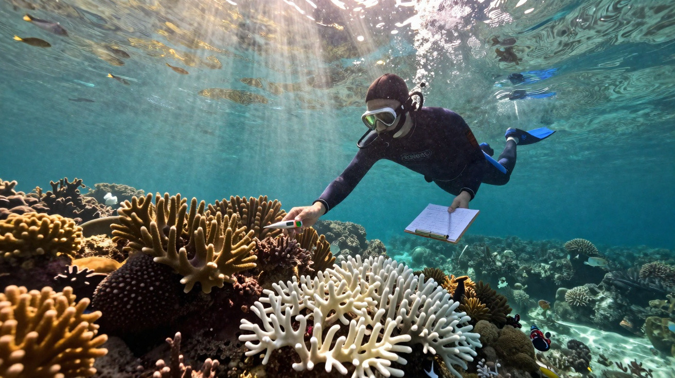 Diver in wetsuit examining and recording coral reef underwater with sunlight streaming through the water surface.