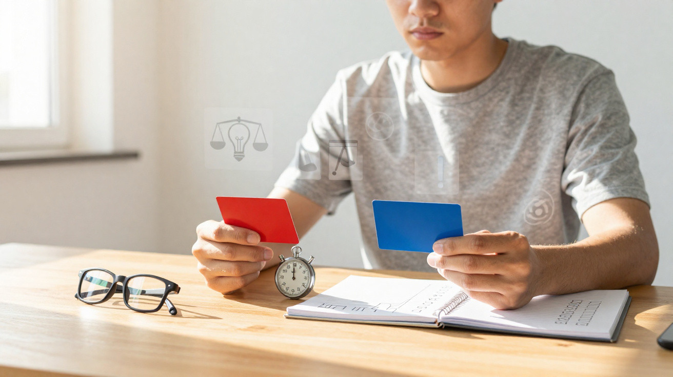 Person holding red and blue cards while sitting at a desk with a stopwatch, notebook, and glasses.