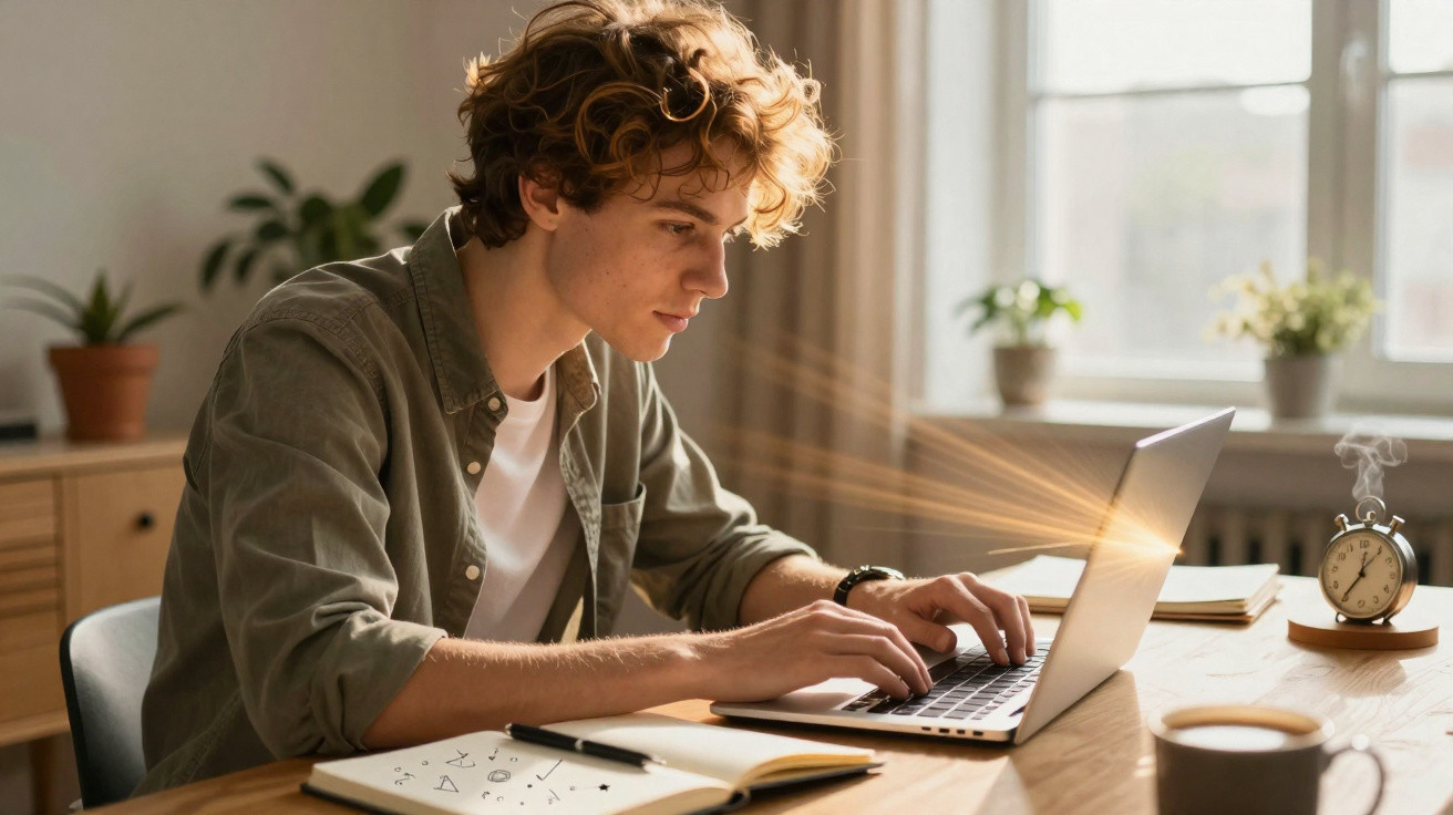 Young man concentrating while typing on a laptop at a wooden table with notebook and steaming clock nearby