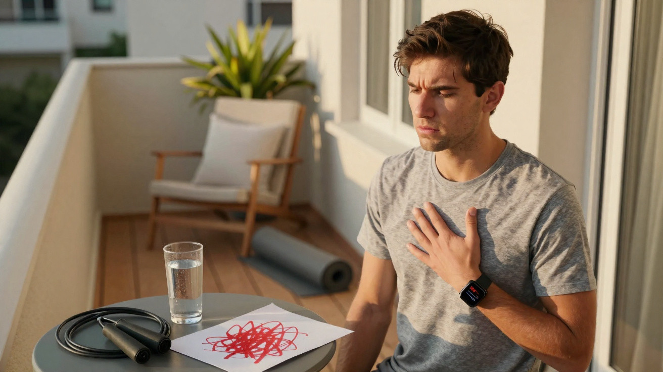 Young man sitting on balcony holding chest in discomfort, with jump rope and glass of water on table.