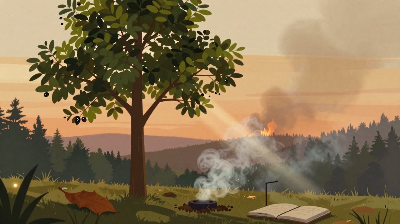 Smoke rising from a small campfire under a tree with a book open, forest fire burning in the distant background.