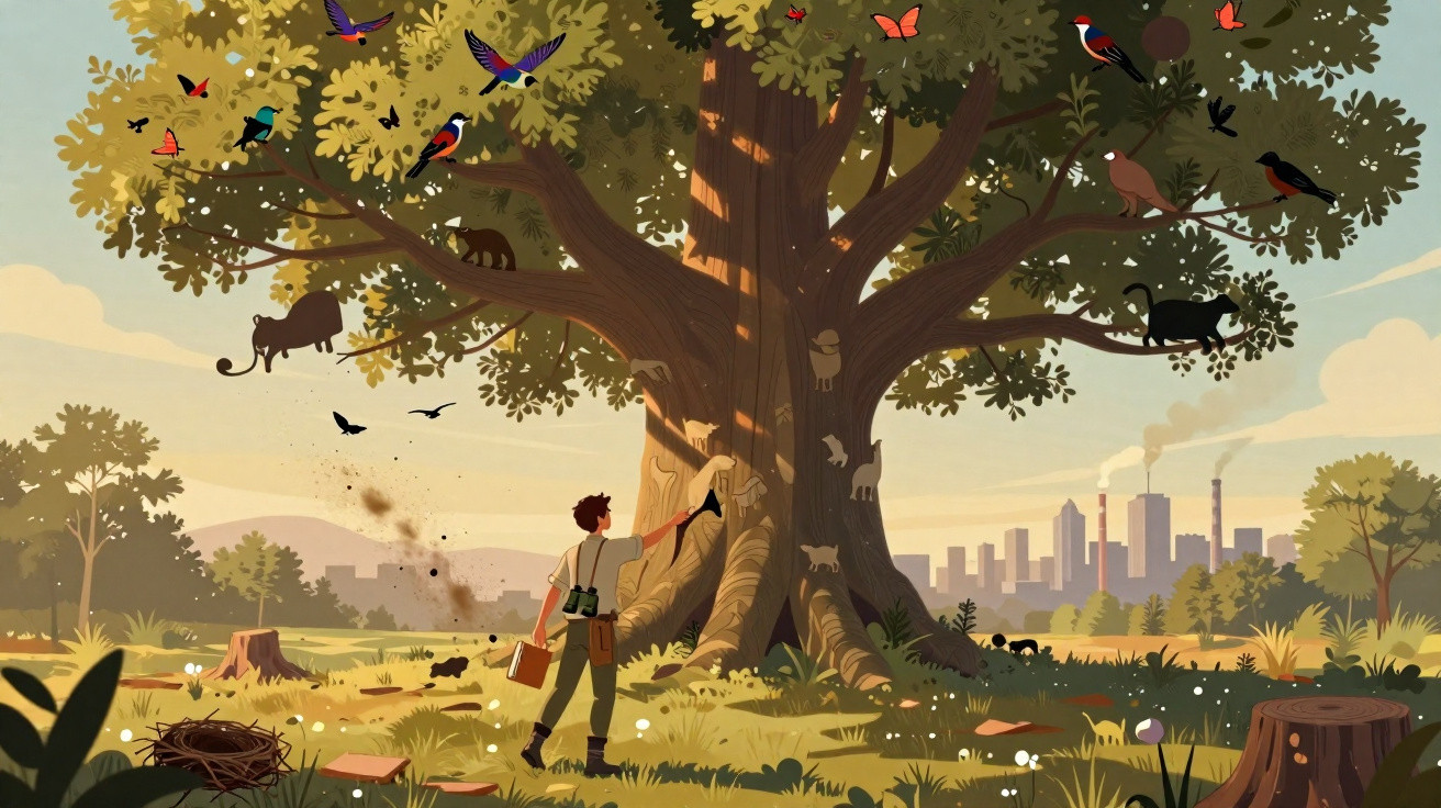 Person studying a large tree with animals and birds silhouetted against a city skyline in the background.