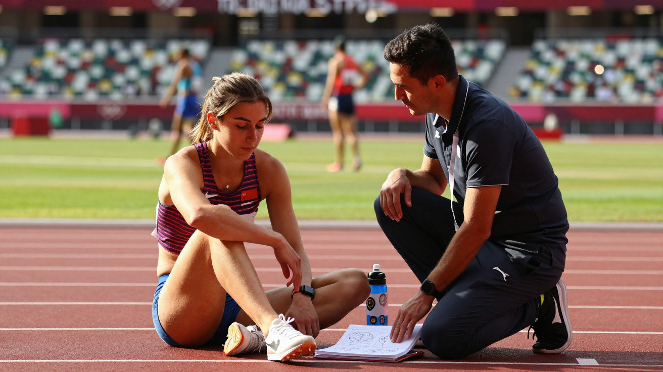 Athlete sitting on track with coach reviewing notes during training session at stadium.