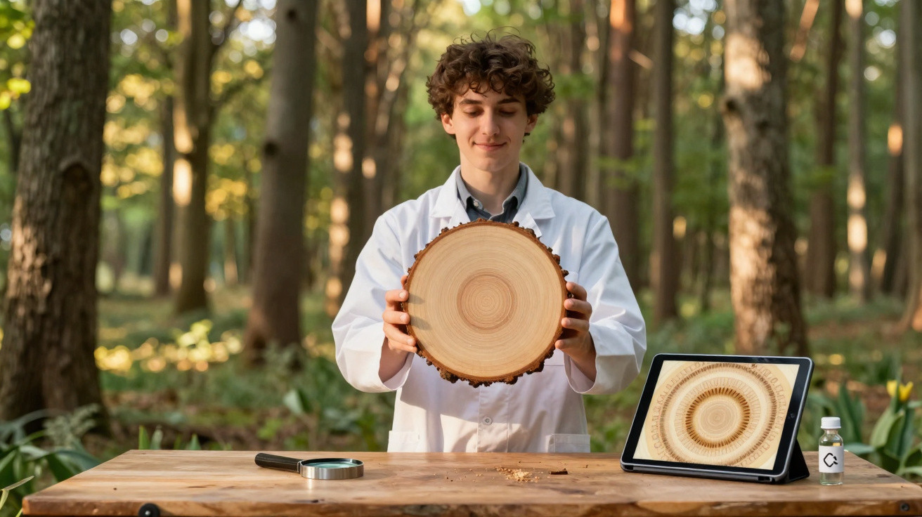 Young scientist in white coat holding a tree cross-section, with tablet and magnifying glass on wooden table outdoors.