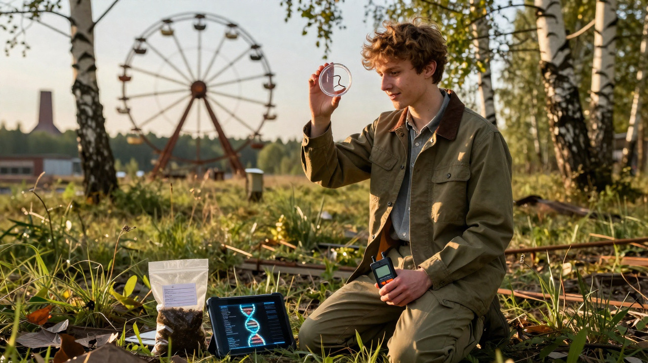 Young man examines a circular object outdoors near a tablet showing DNA and a Ferris wheel in the background.