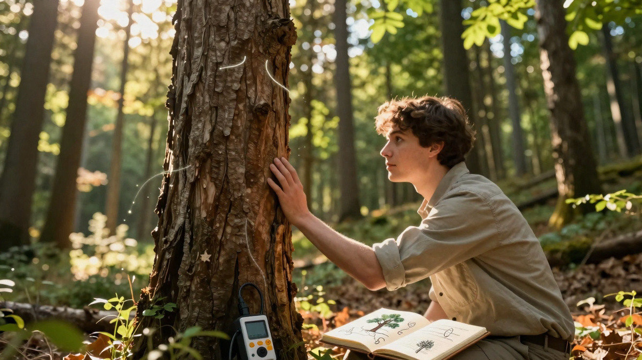 Young man studying a tree in a sunlit forest with an open nature journal and measuring device nearby.