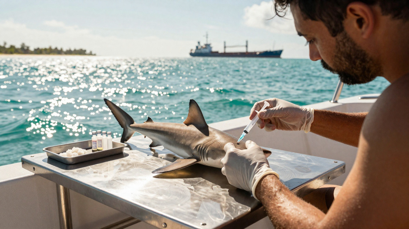 Marine biologist injecting a small shark on a boat with ocean and cargo ship in the background.