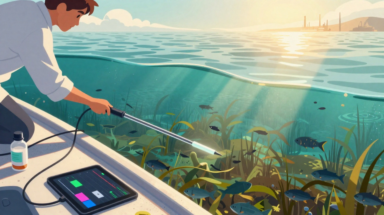 Person using underwater probe connected to a tablet to study fish and plants in clear coastal water at sunrise.