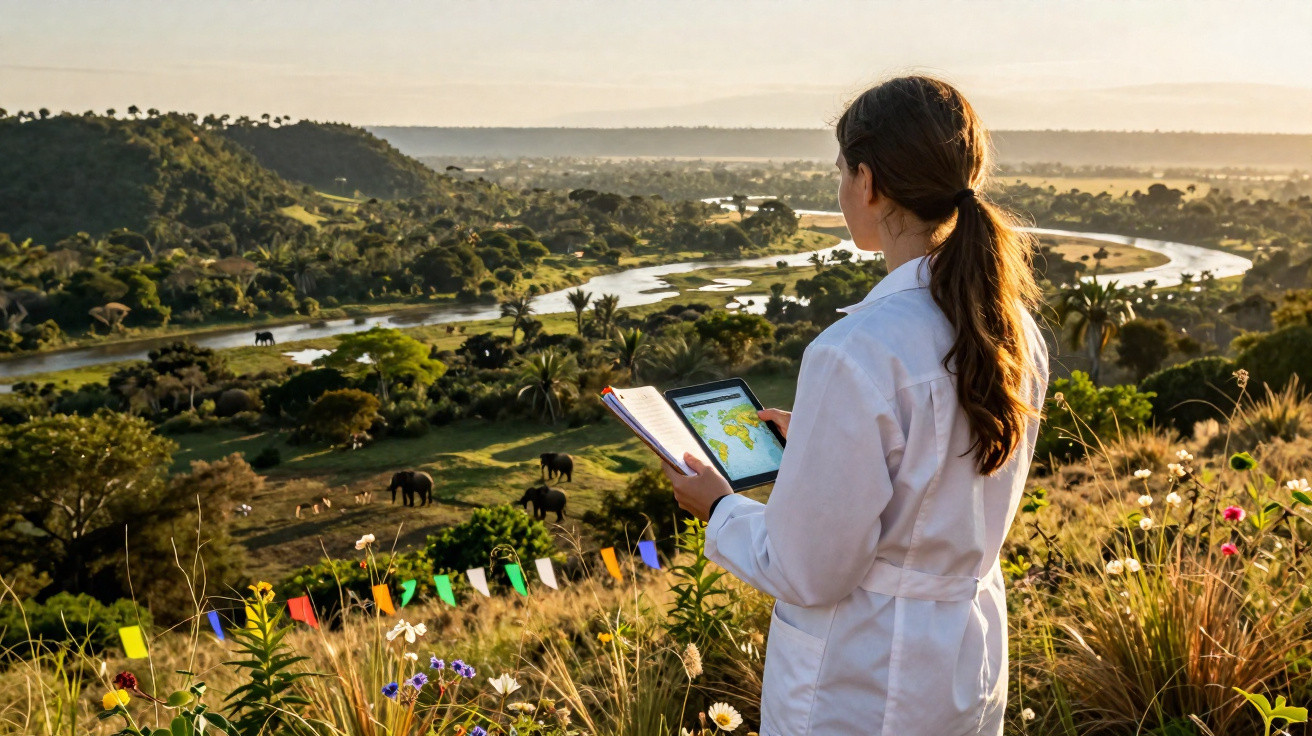 Woman in white coat holding a tablet overlooking elephants by a river in a lush, hilly wildlife reserve at sunset.
