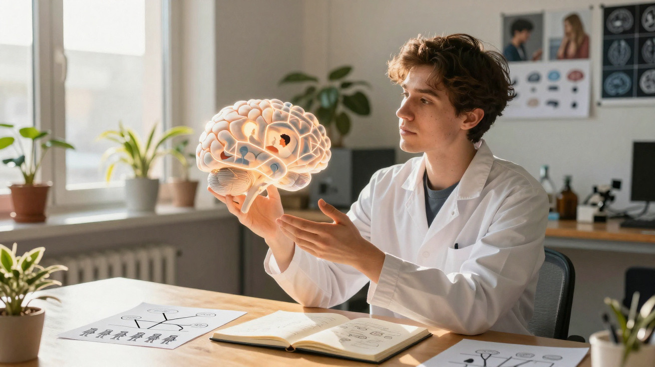 Scientist in white coat studying 3D brain model with literature and diagrams on a desk in daylight.