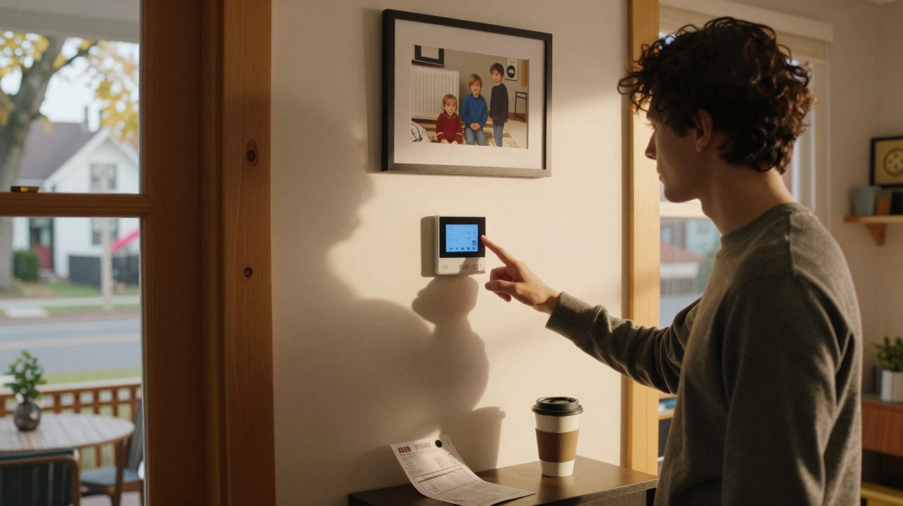 Young man adjusts a wall-mounted thermostat beside a framed family photo in a cosy home setting.