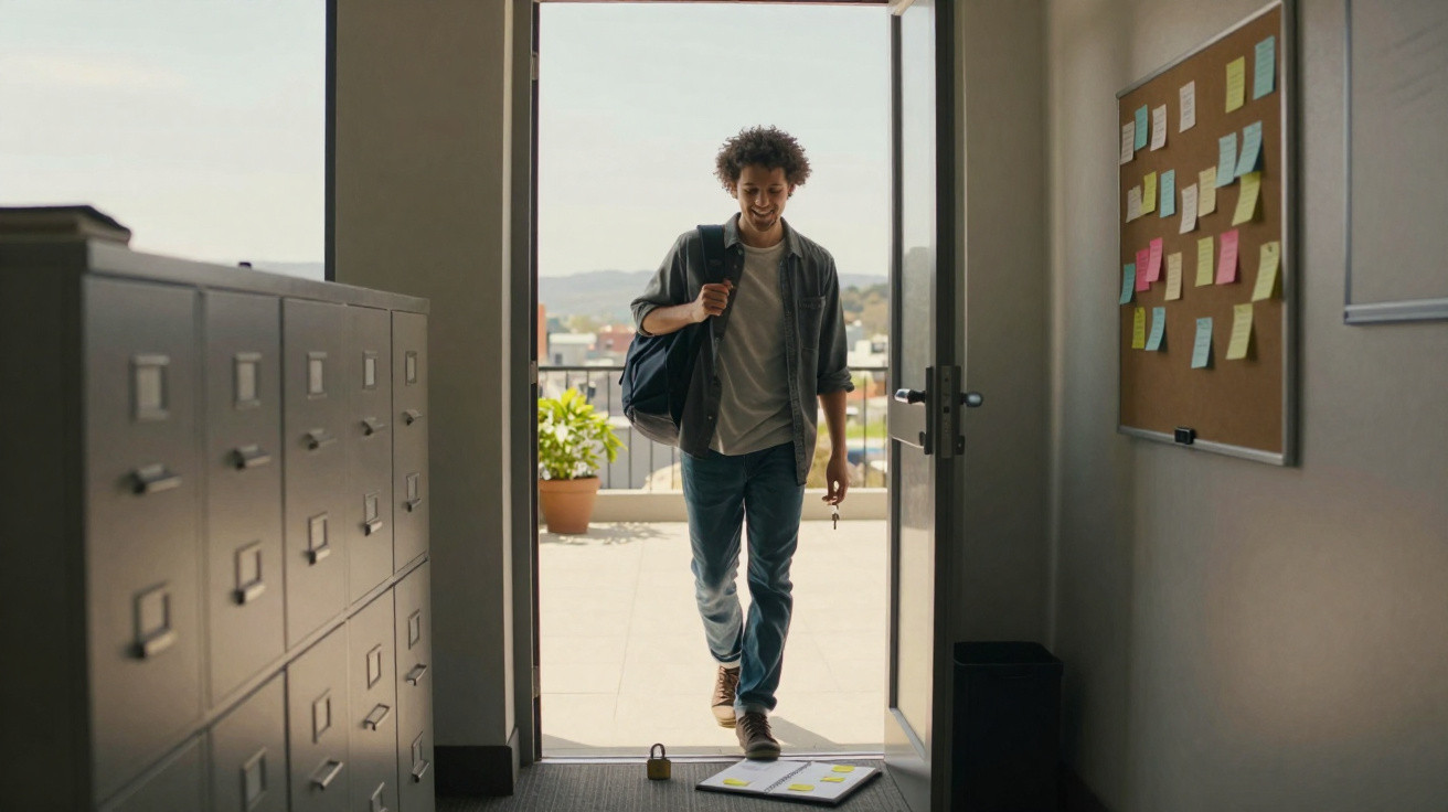 Young man enters office with bag, dropping a laptop on the floor near filing cabinets and a notice board.