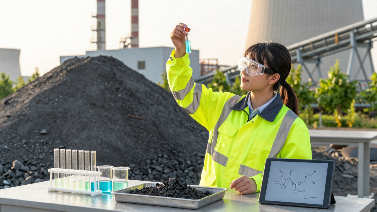 Scientist in high-visibility jacket analysing blue liquid in test tube at coal power plant outdoors.
