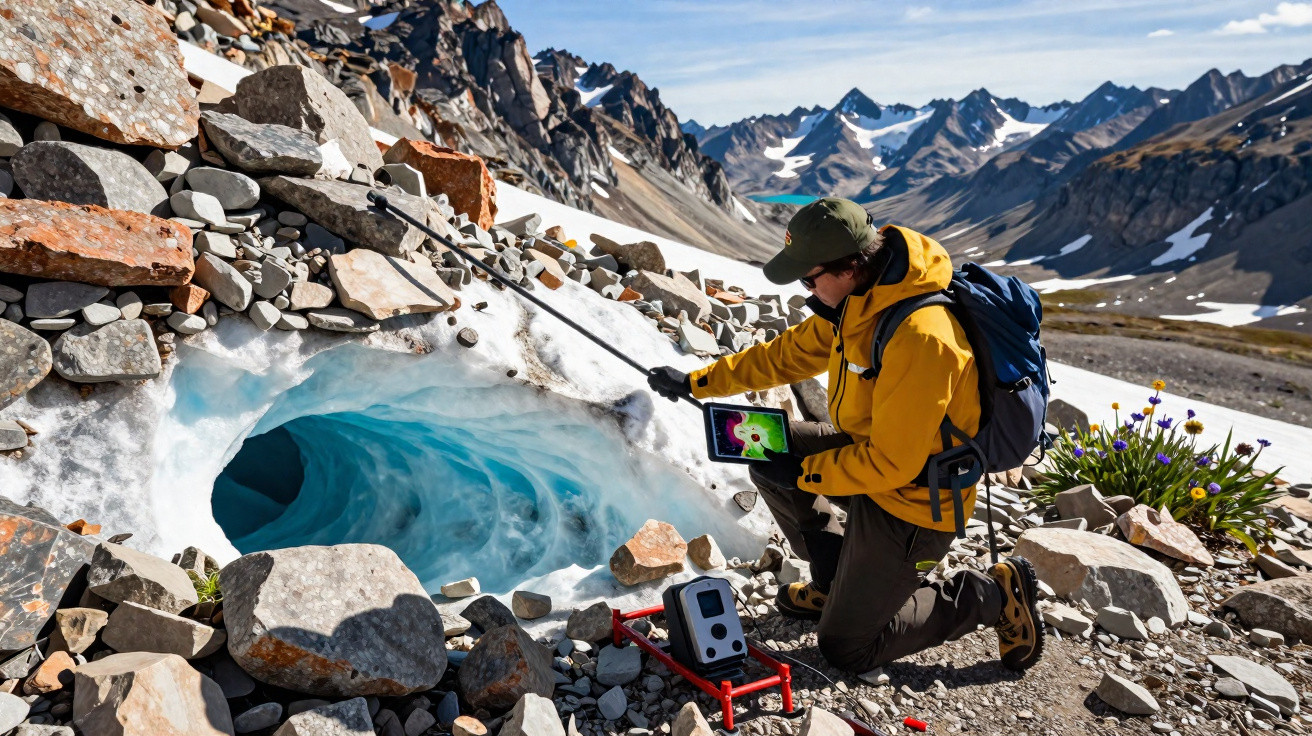 Scientist in yellow jacket kneels by icy glacier cave entrance using thermal imaging device in rocky mountain landscape.