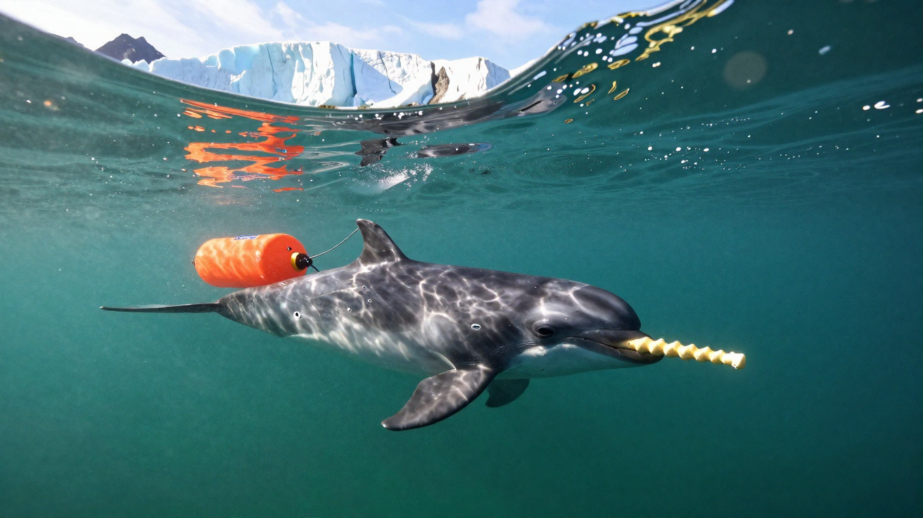 A dolphin swims underwater near an orange buoy and holds a twisted yellow object in its mouth.