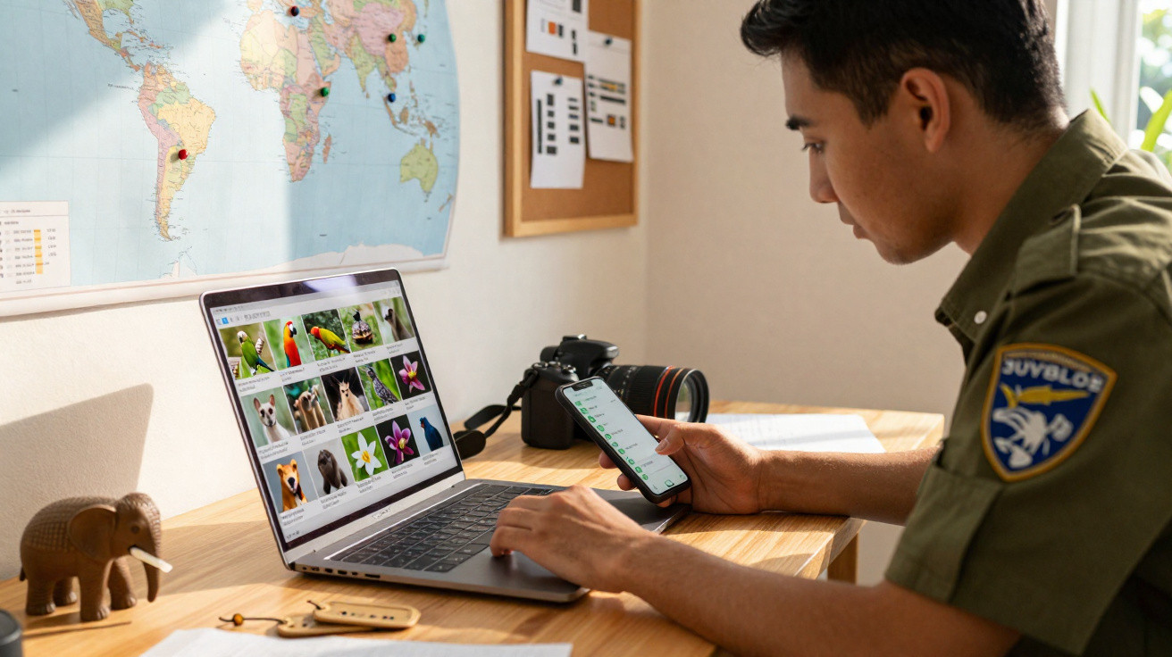 Person using a smartphone and laptop showing animal photos at a wooden desk with a camera and world map on the wall.