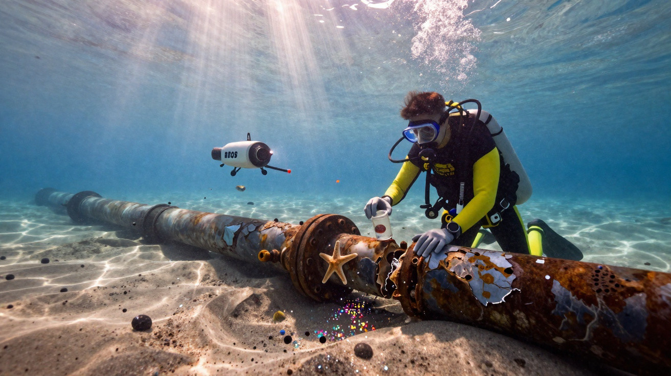 Diver in wetsuit examining rusty underwater pipeline with starfish and hovering underwater drone nearby.