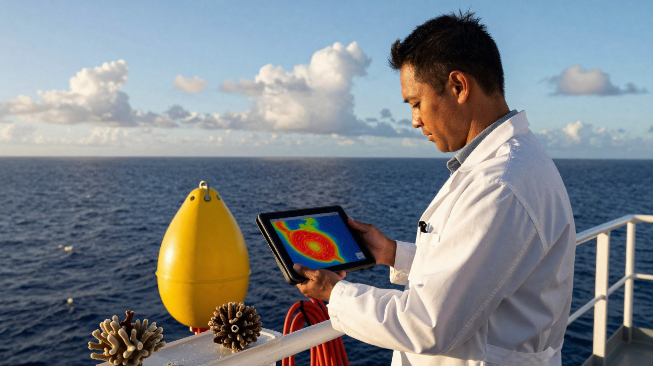 Scientist in white coat analysing thermal data on tablet near yellow ocean buoy on a ship deck.