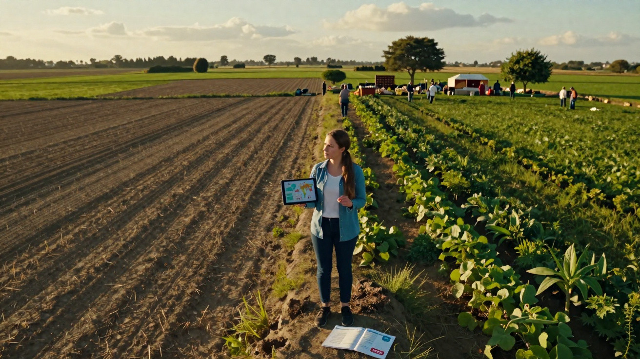Woman holding tablet with farm data stands between ploughed field and green crops in rural farmland under blue sky.