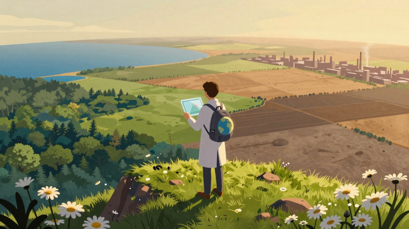Scientist with globe backpack studies a tablet on a hill overlooking forest, fields, coastline, and distant factory.