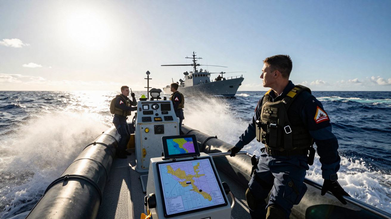 Three naval personnel on a small inflatable boat with a larger ship in the background on open sea.