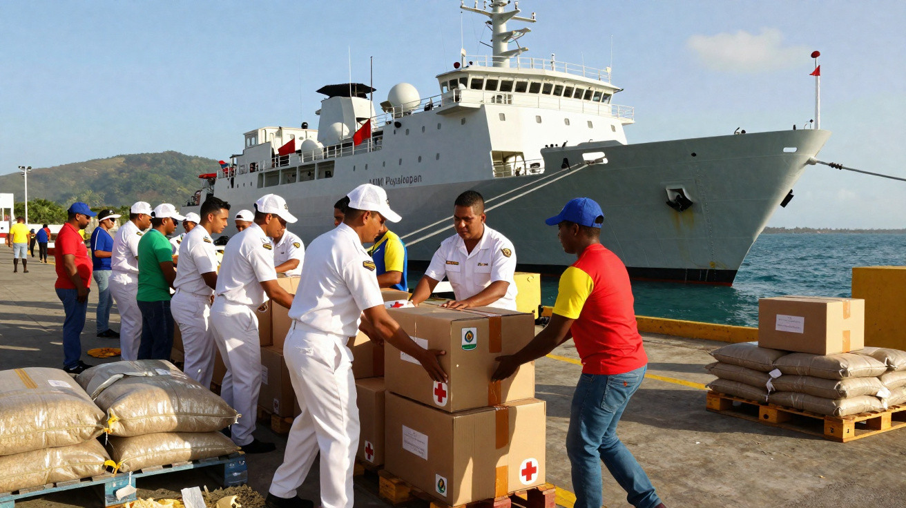 Sailors and volunteers unload aid boxes from a ship docked at a harbour on a sunny day.