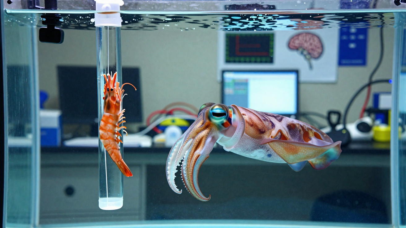 Cuttlefish observing a shrimp inside a test tube in a laboratory aquarium setting.