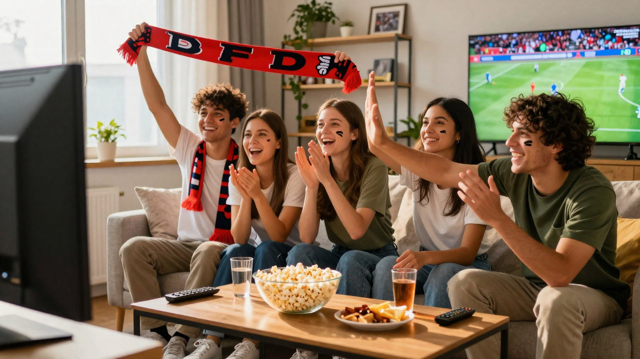 Group of friends watching a football match on TV, cheering with snacks and drinks in a living room.