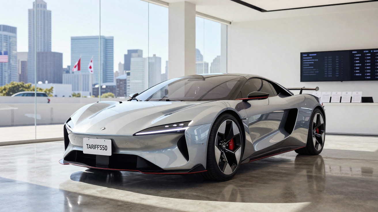 Sleek silver electric sports car displayed in a modern showroom with city skyline visible through glass walls.