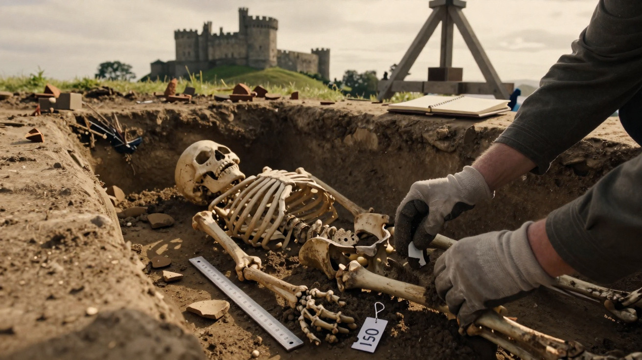 Archaeologist excavating a human skeleton in a trench with a medieval castle in the background.