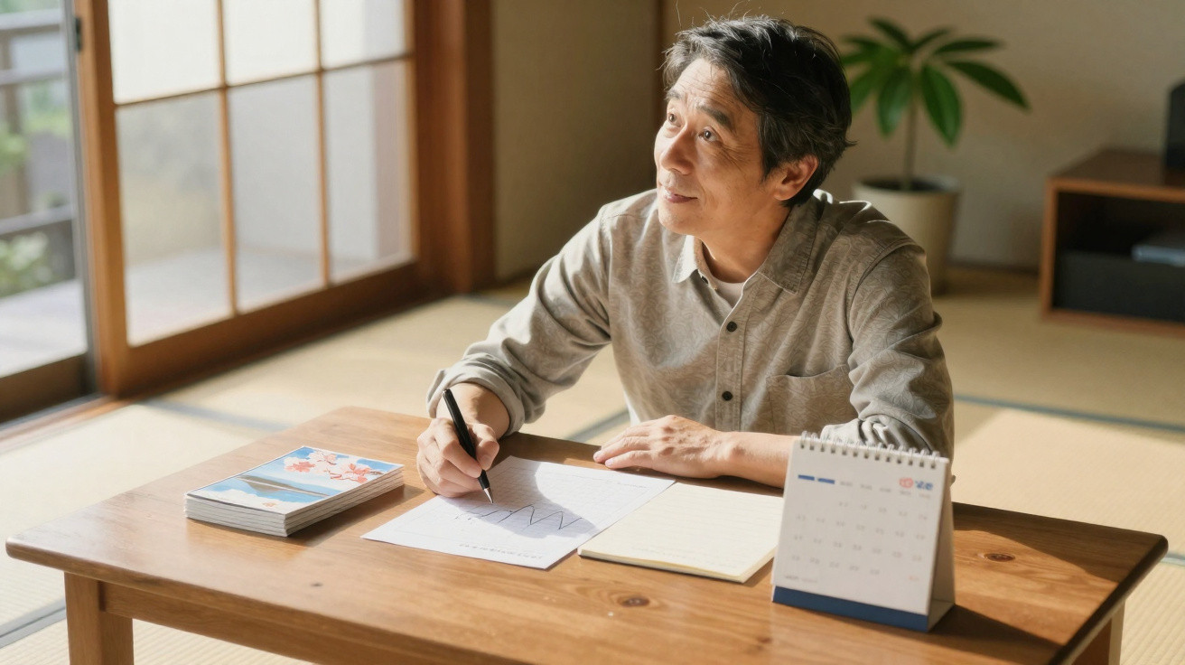Middle-aged man writing on paper at wooden table in bright room with calendar and plant.