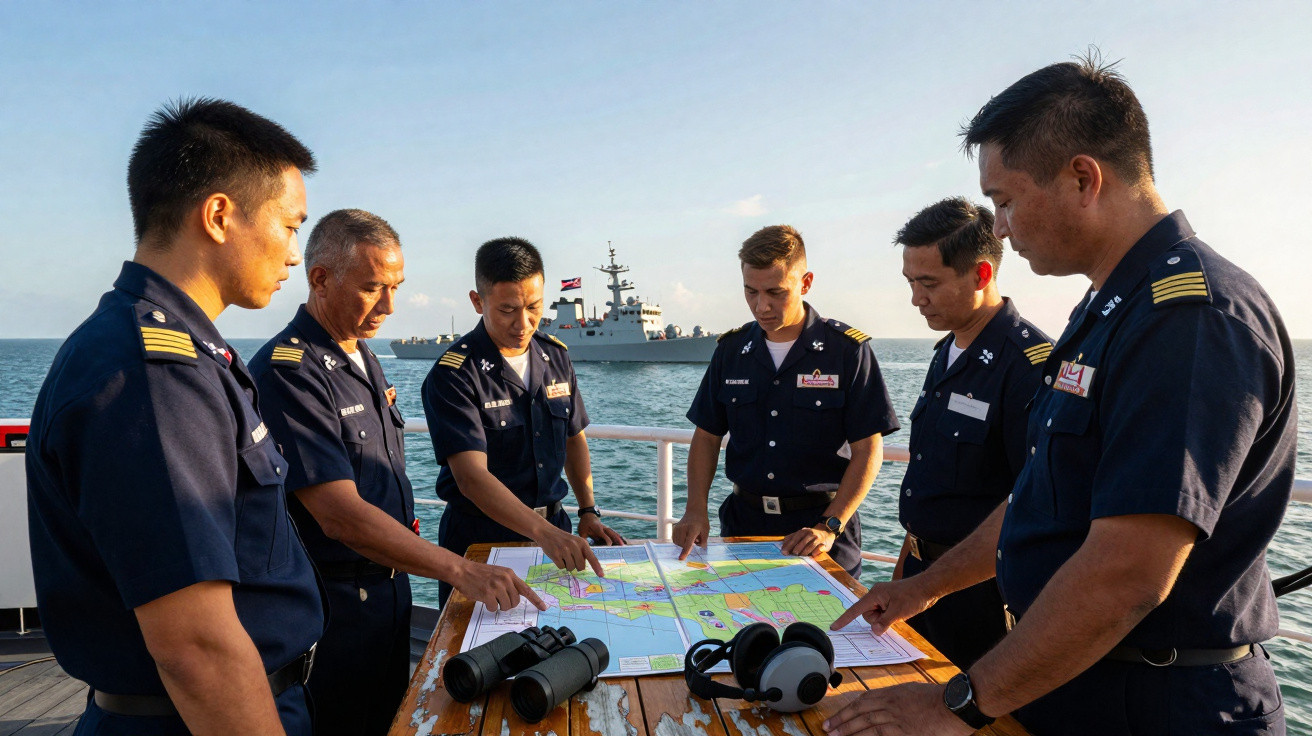 Six naval officers in uniform discuss a map on a ship deck with a warship in the background at sea.
