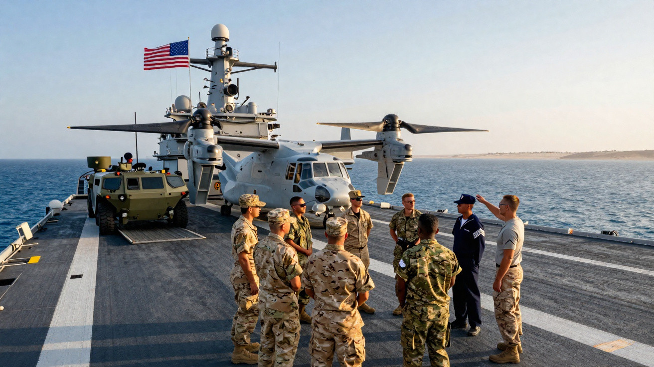 Group of military personnel standing and talking on a ship deck with a helicopter and vehicle in the background at sea.