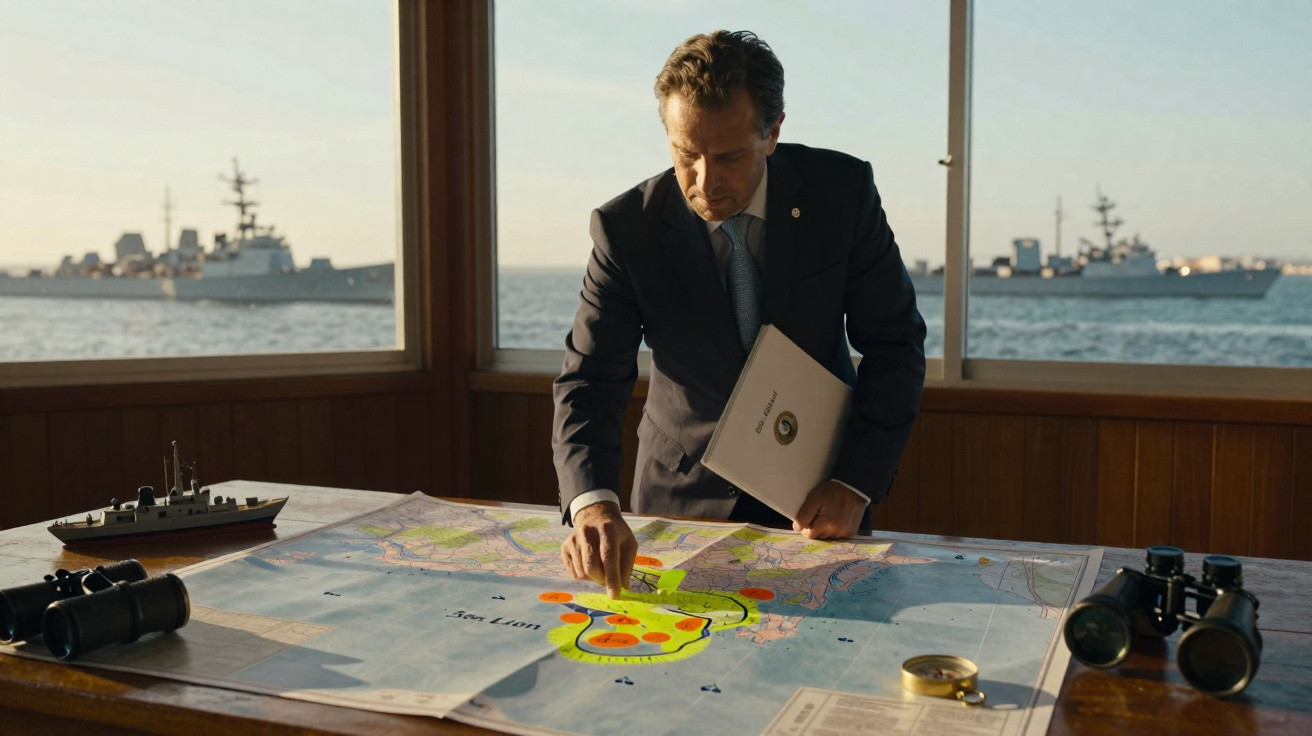 Man in suit pointing at a marked map on a table with binoculars, models, and naval ships visible outside.