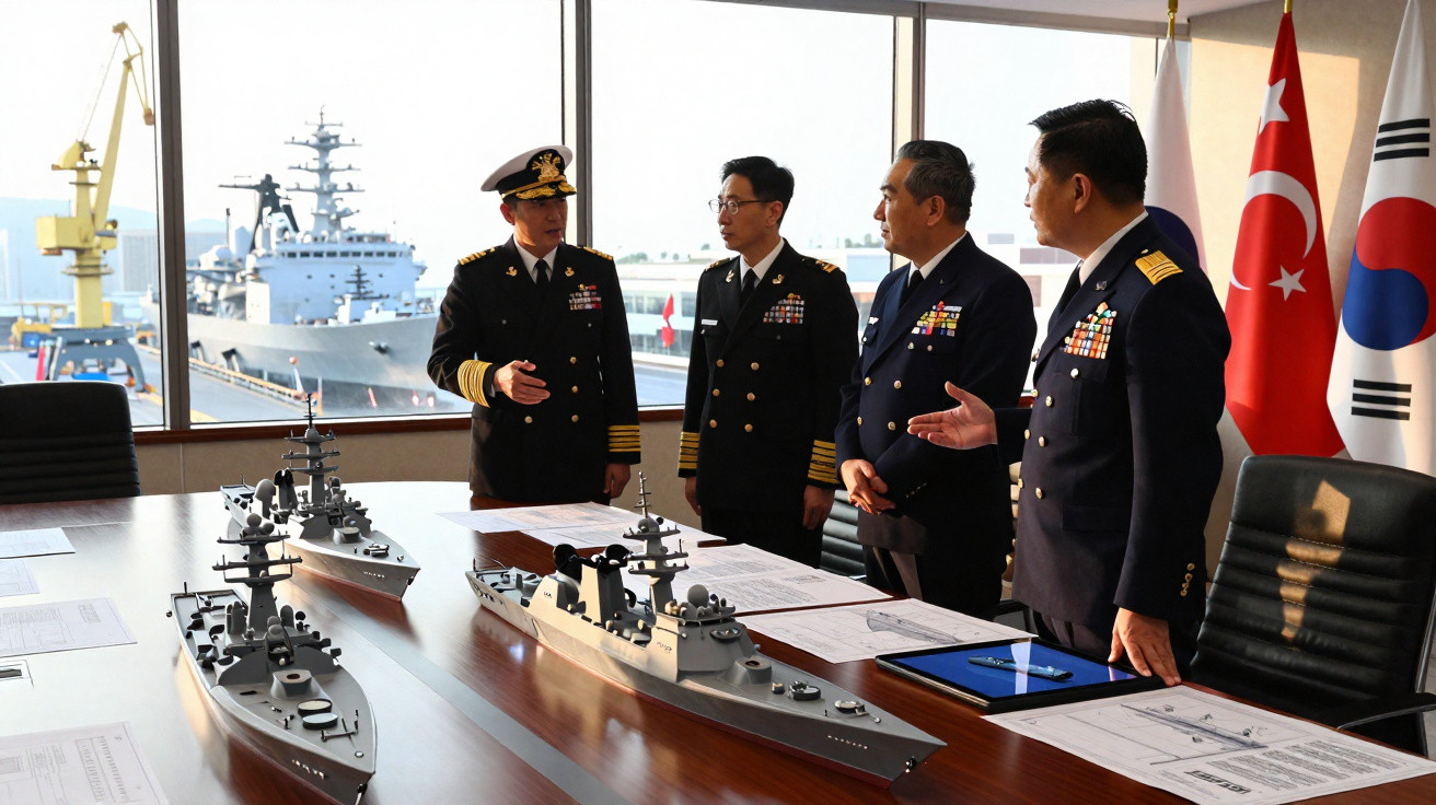 Four naval officers in uniform discussing ship models on a table with South Korean and Turkish flags in the background.