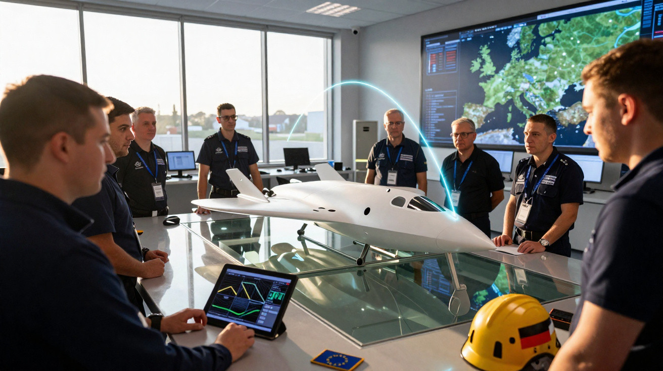 Team of engineers discussing a drone prototype on a table in a control room with digital maps on screens.