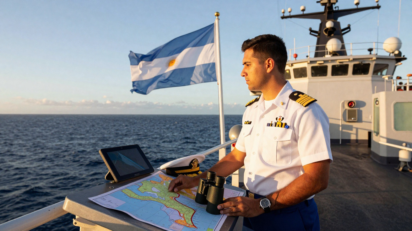 Naval officer in uniform studying a map on a ship's deck with binoculars and an Argentine flag in the background.