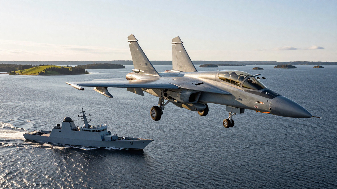 Military jet aircraft flying low over sea near naval warship with islands in the background at sunset